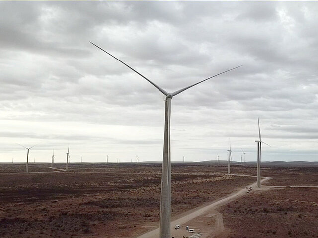 Wind turbines of the Garob wind farm stretch to the horizon.